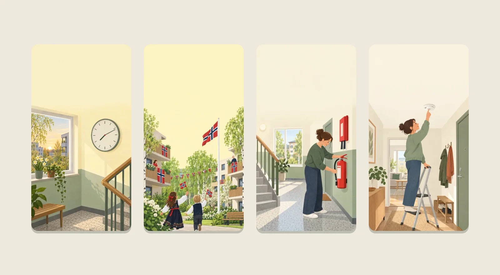 Fire plakater fra årshjulet på Styretavla – sommertid, 17. mai, brannvernuka og røykvarslerens dag