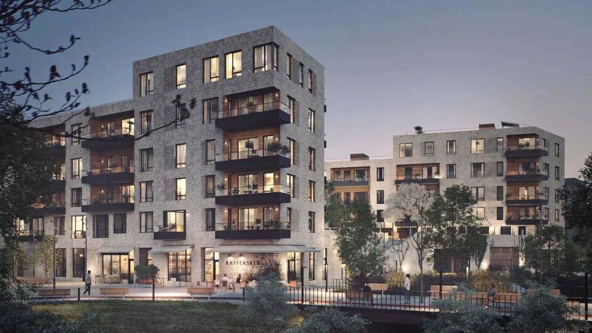 Elvely i Asker, et boligprosjekt fra Fredensborg Bolig, i kveldslys